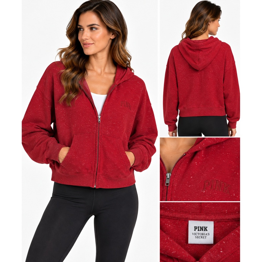 PINK Victoria's Secret Hoodie Womens Medium Red Speckled Zip Cropped Relaxed
